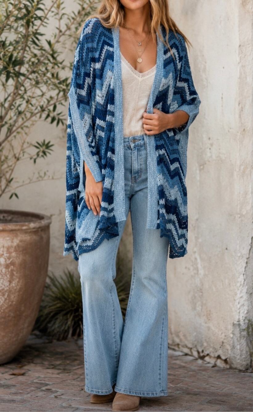 RXB Crochet Open Front Kimono Cardigan Blue Chevron Boho Lightweight Layer S